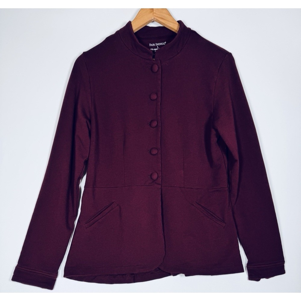 Fair Indigo Jacket Women Large Burgundy Organic Pima Cotton Stretch Blazer